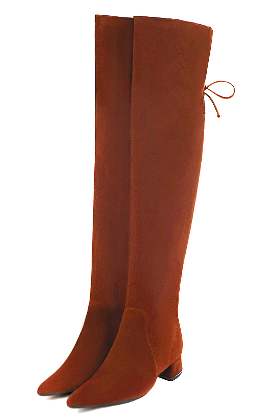 Terracotta orange women's leather thigh-high boots. Tapered toe. Low flare heels. Made to measure - Florence KOOIJMAN